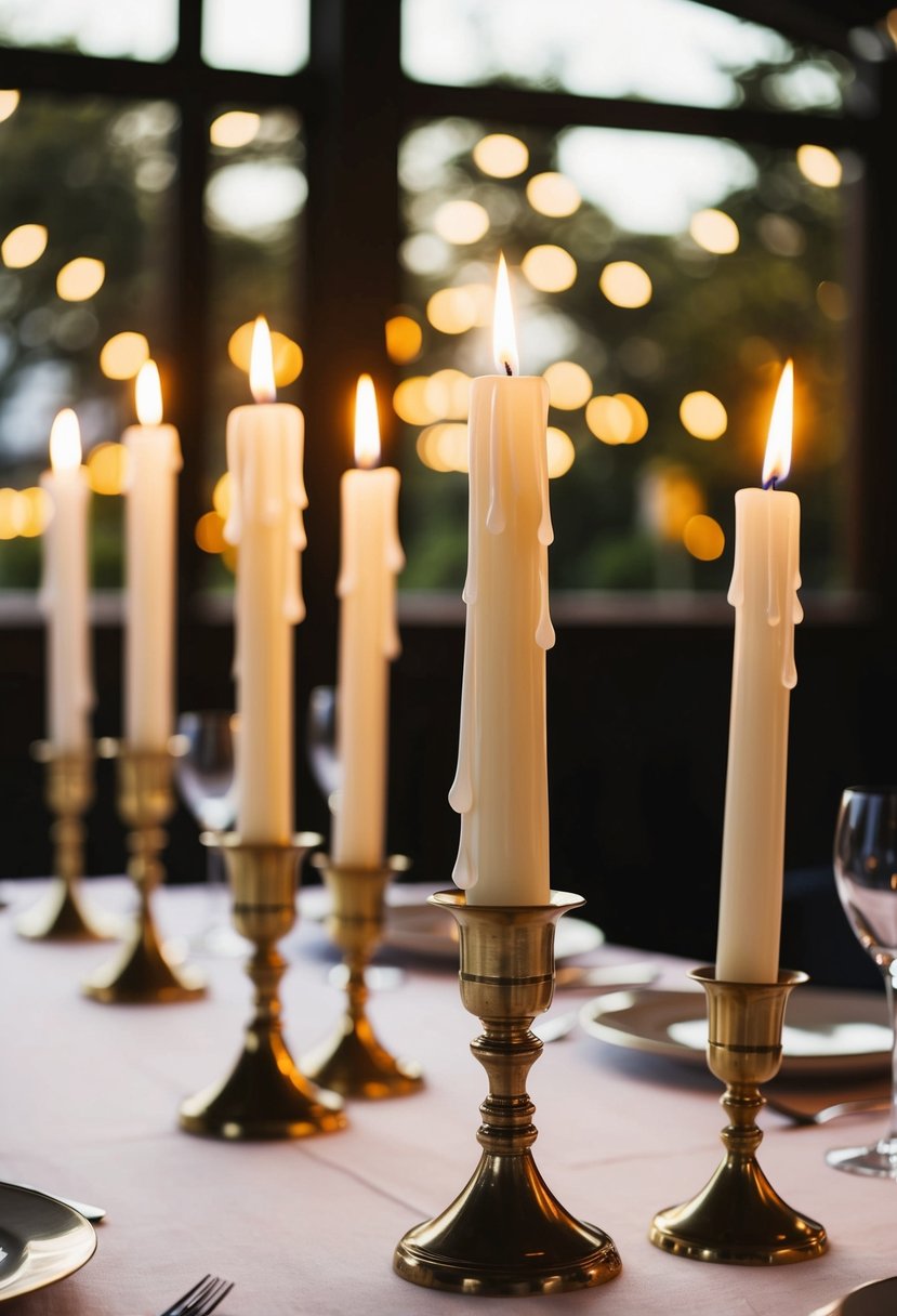 Dripping white tapers in brass holders illuminate a wedding table, casting a warm and romantic glow