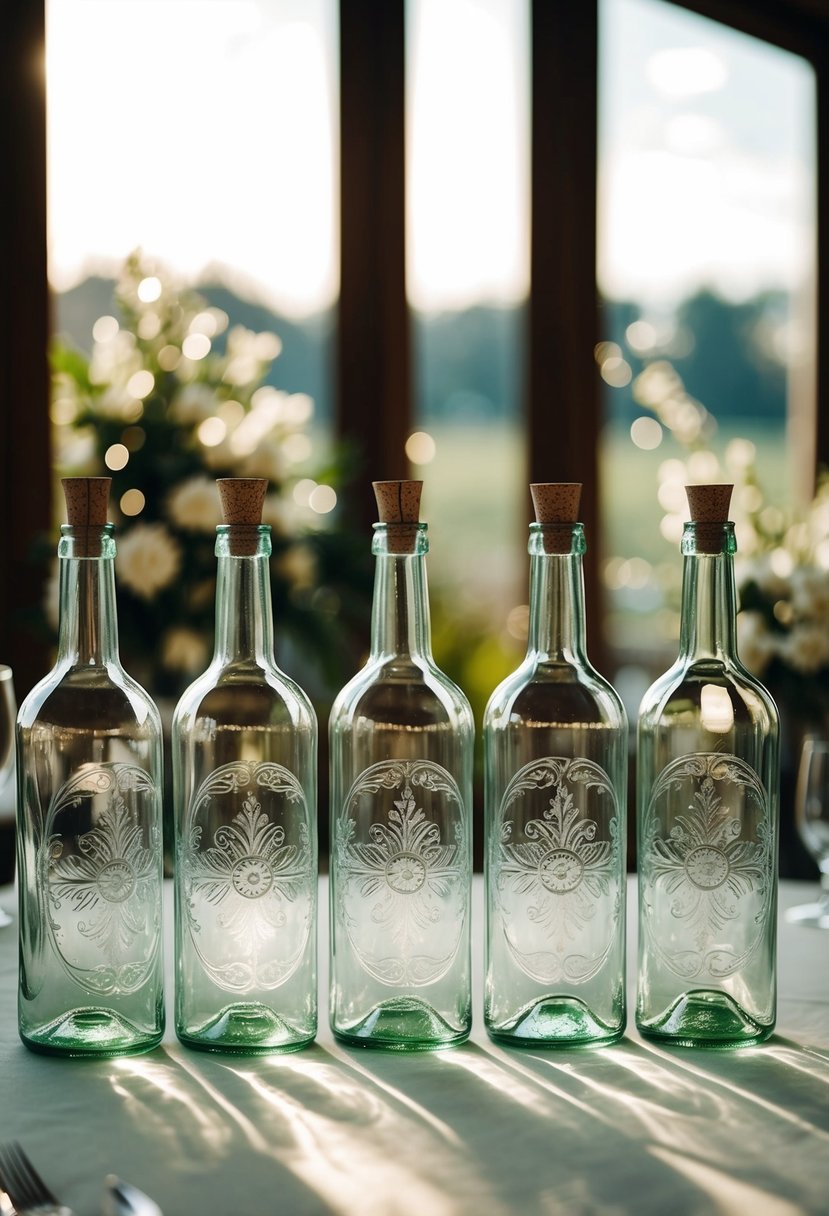 Engraved glass bottles arranged on a wedding table, catching the light and casting delicate shadows