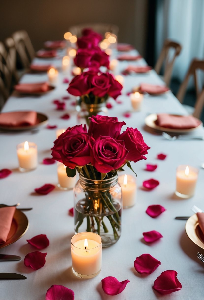 A table set with scattered rose petals and lit candles, creating a romantic wedding atmosphere