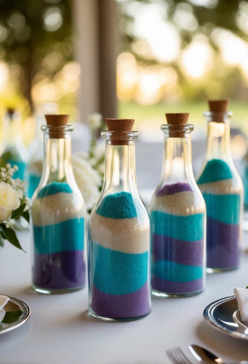 Glass bottles filled with colored sand arranged on a wedding table, reflecting soft light