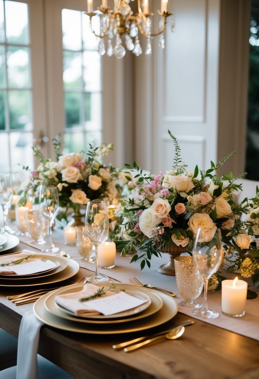 A beautifully set table with floral centerpieces, elegant place settings, and soft candlelight for an intimate at-home wedding celebration