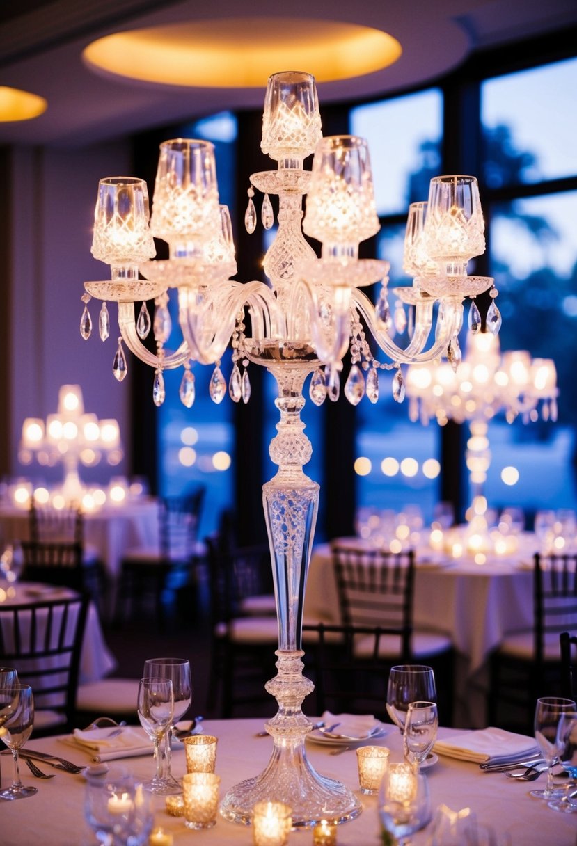 Glistening crystal candelabras illuminate a wedding table, casting a warm and romantic glow over the elegant decor