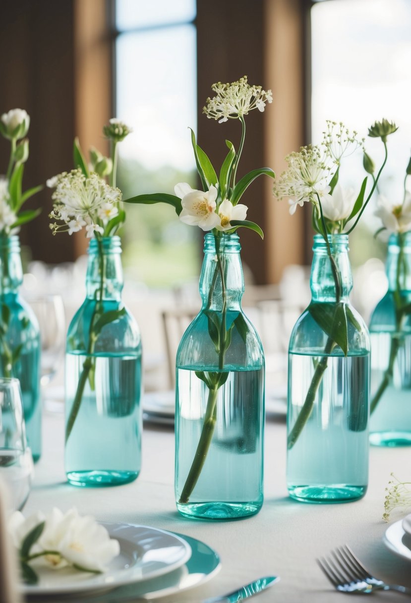 Glass bottles filled with water and delicate blooms, arranged as wedding table decorations