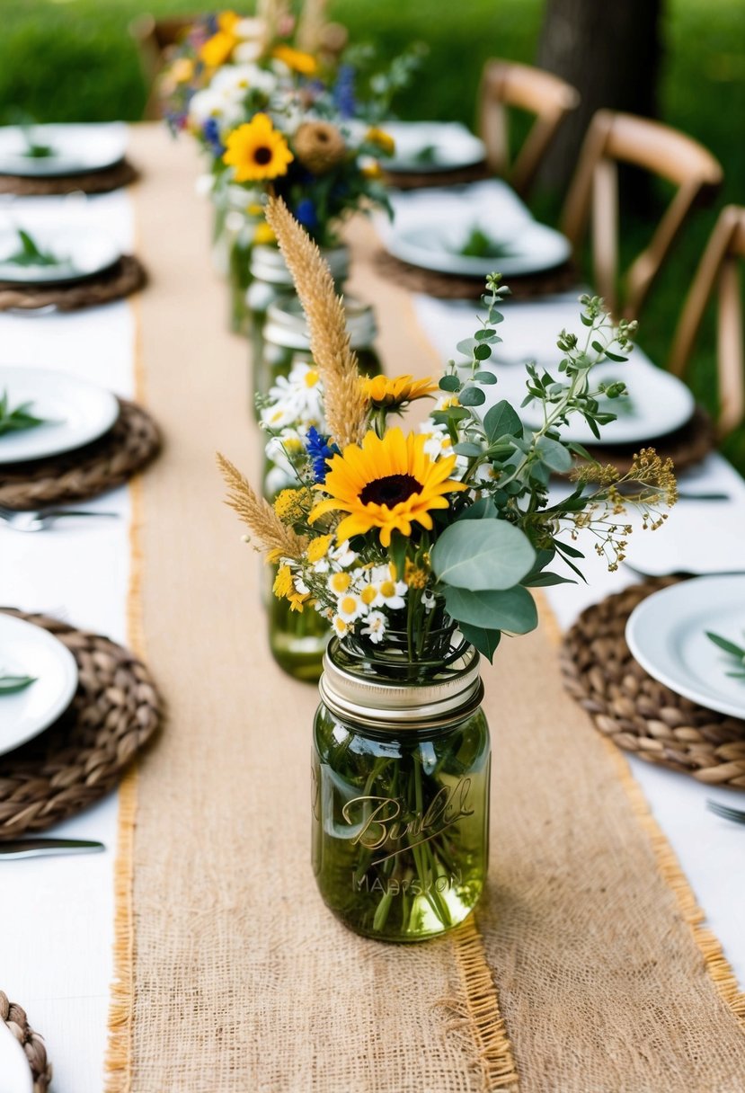 Burlap table runners add rustic charm to a wedding table, with mason jar centerpieces and wildflower bouquets creating a cozy atmosphere