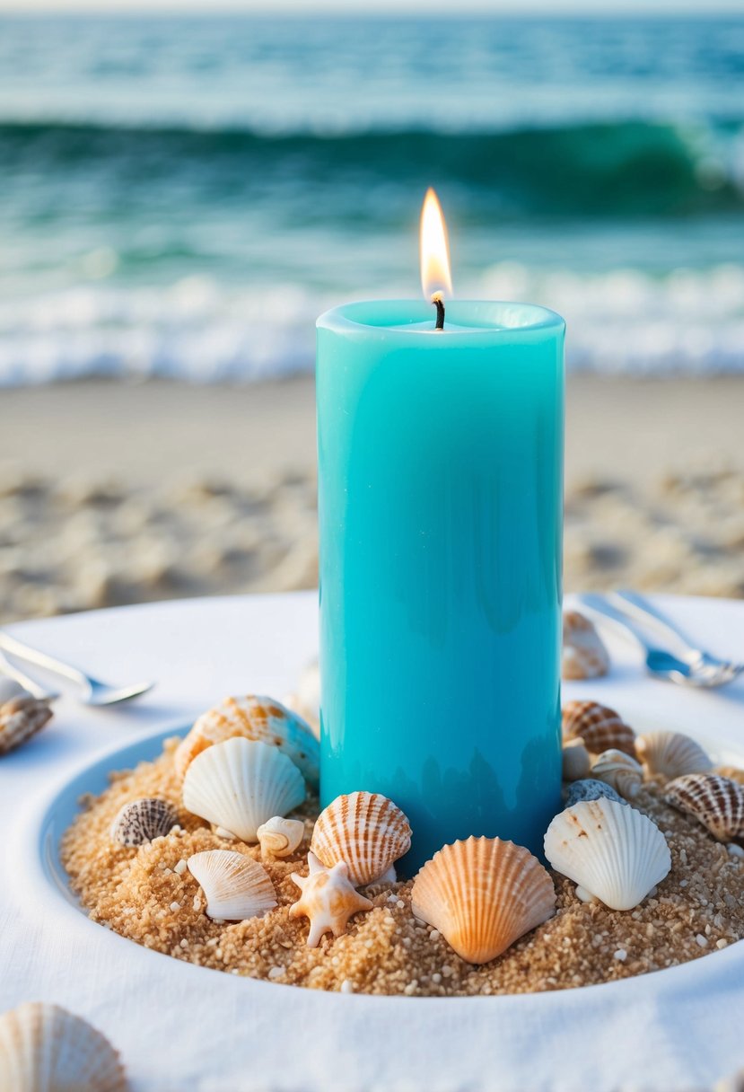 Aqua blue unity candle surrounded by seashells and sand, set on a beach wedding table with ocean waves in the background