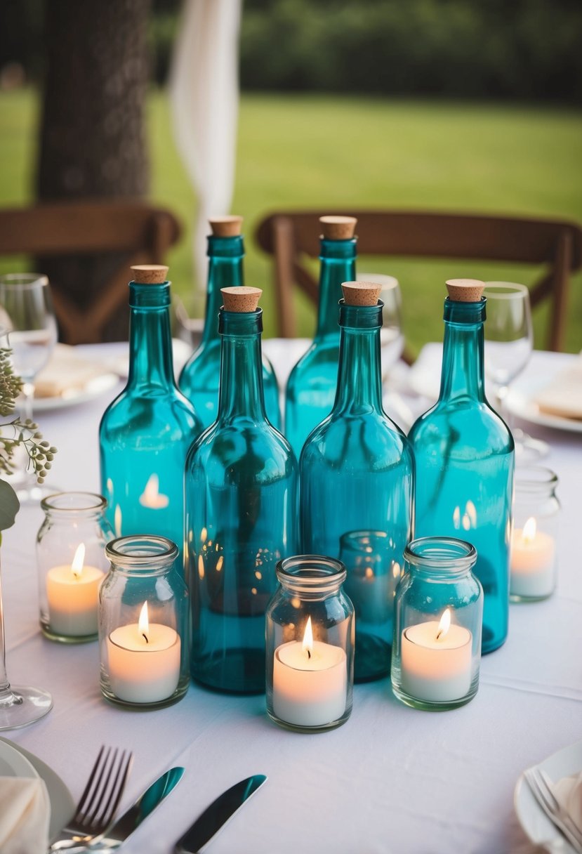 A cluster of glass bottles with tea lights, arranged as wedding table decorations