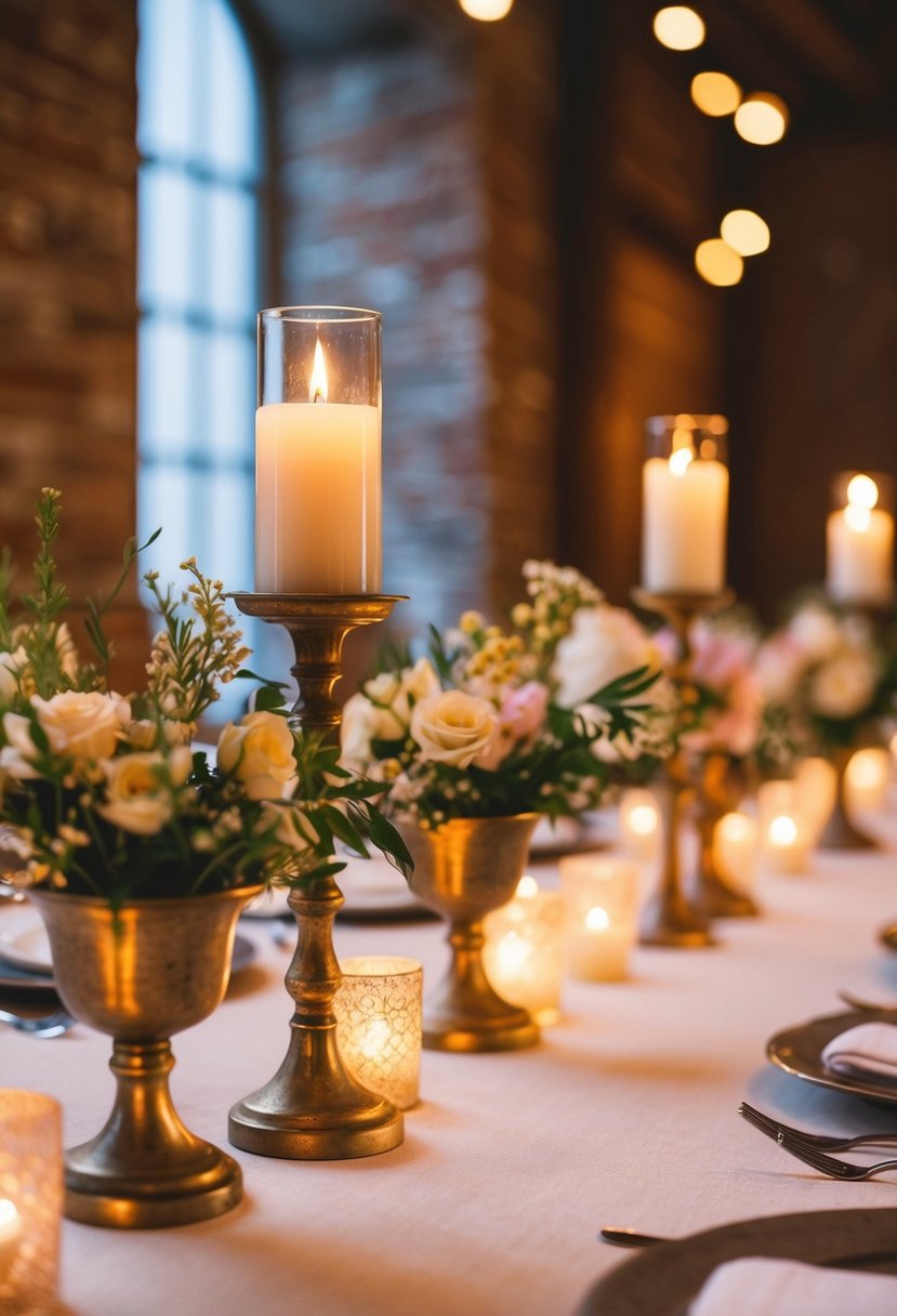 Vintage tea light holders adorn a rustic wedding table, casting a warm glow on delicate floral centerpieces and elegant place settings