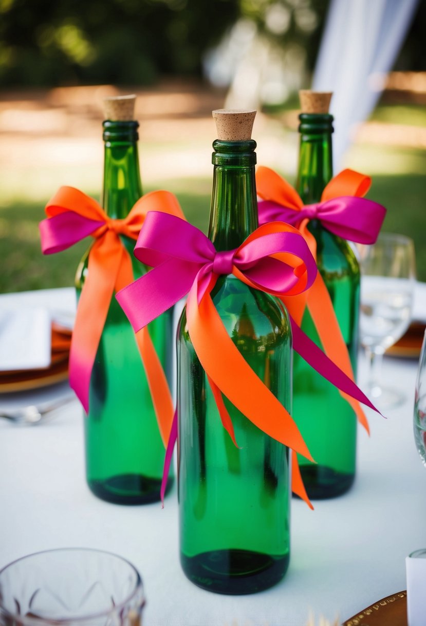 Glass bottles adorned with vibrant ribbons arranged as wedding table decorations