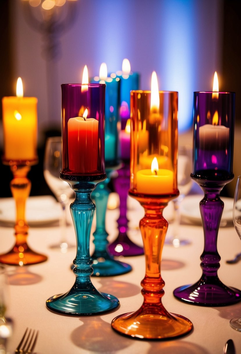 Vibrant, colored-glass taper holders arranged on a wedding table, casting a warm glow