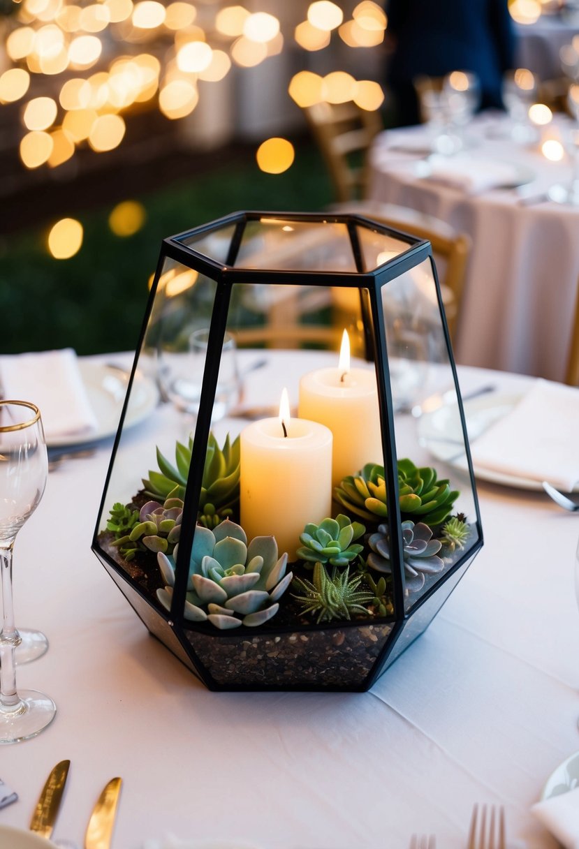 A terrarium filled with succulents and candles sits as a centerpiece on a wedding table