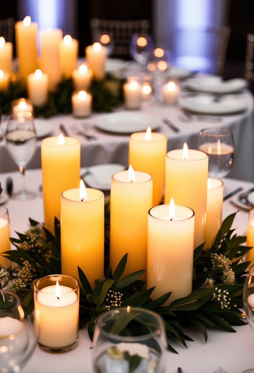 A cluster of large votive candles arranged in varying heights and sizes, creating an elegant and romantic centerpiece for a wedding table