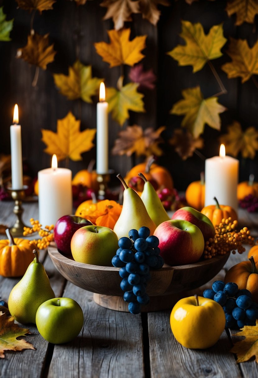 A rustic wooden table adorned with colorful fall fruits like apples, pears, and grapes, set against a backdrop of autumn leaves and candles, creating a warm and inviting atmosphere for a home wedding celebration