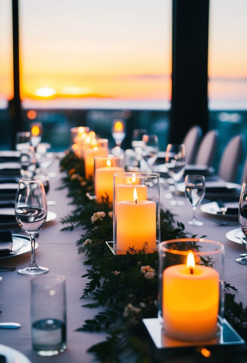 A modern floating candle display illuminates a wedding table, creating a serene and romantic ambiance