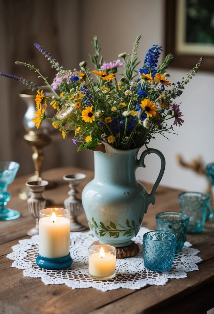 A vintage vase filled with wildflowers sits atop a lace doily, surrounded by repurposed candle holders and mismatched glassware on a rustic wooden table