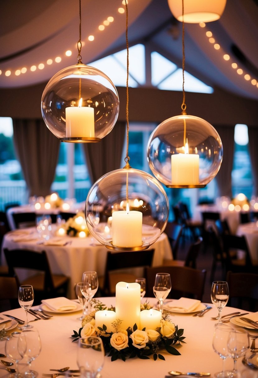 Three elegant hanging candle orbs suspended above a beautifully set wedding table, casting a warm and romantic glow