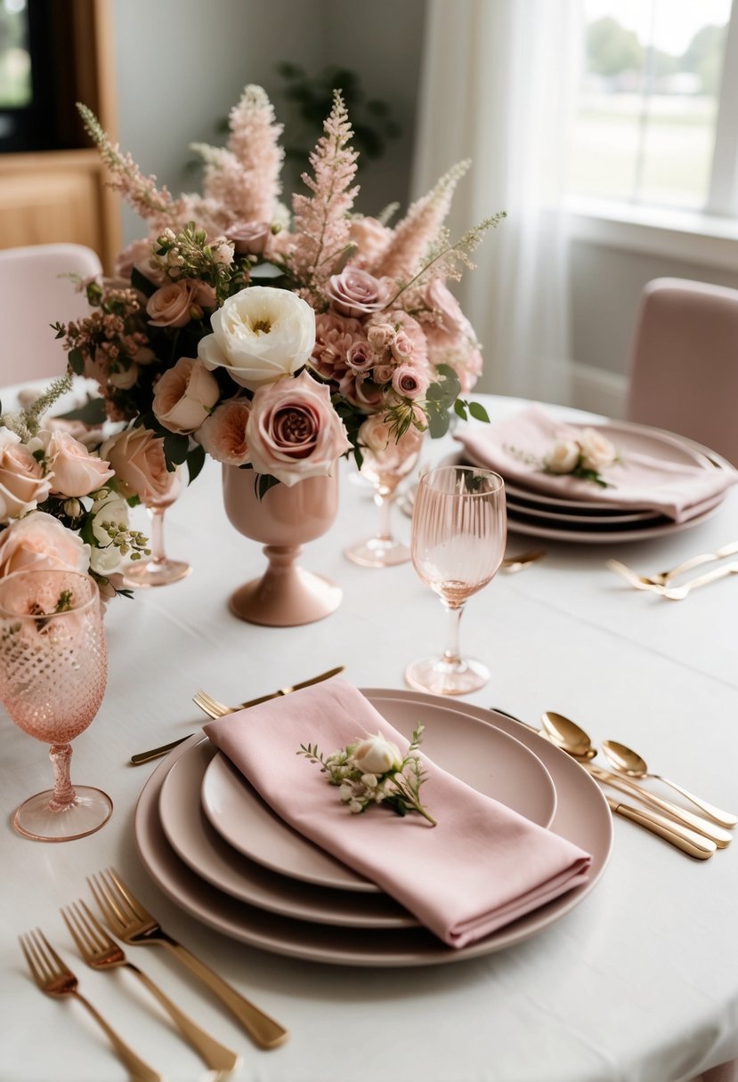 A table set with dusty pink floral centerpieces, rose gold cutlery, and blush napkins, creating an elegant and romantic atmosphere for a home wedding