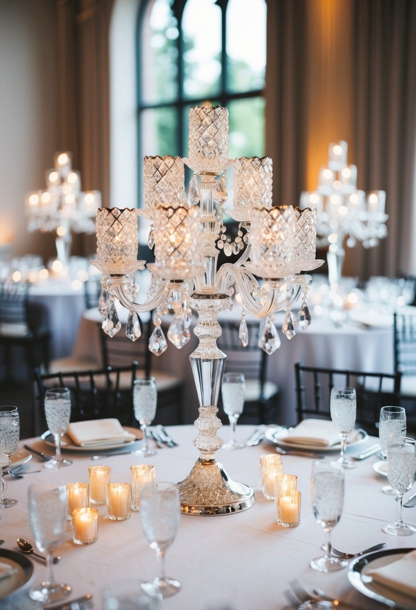 A sparkling crystal candlestick arrangement adorns a wedding table, radiating glamour and elegance