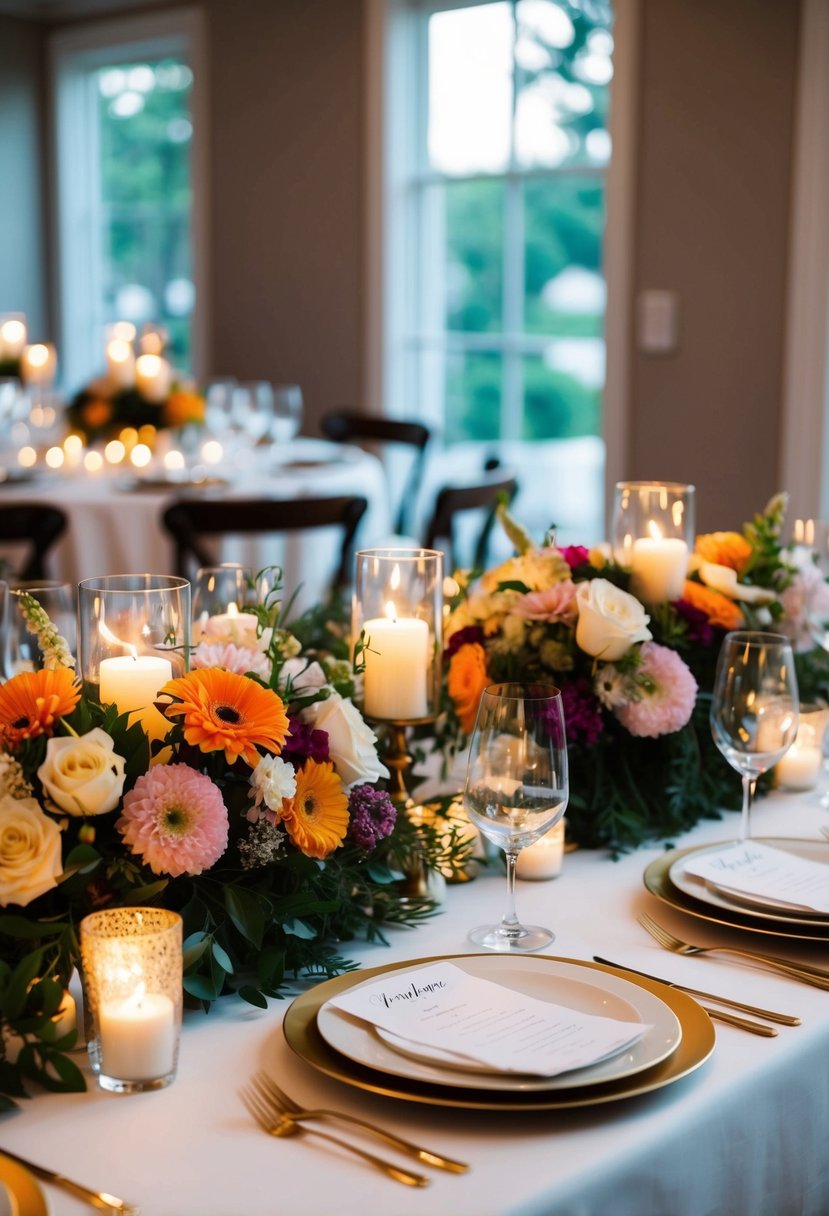 A table adorned with bold floral centerpieces, elegant place settings, and twinkling candlelight at a home wedding reception