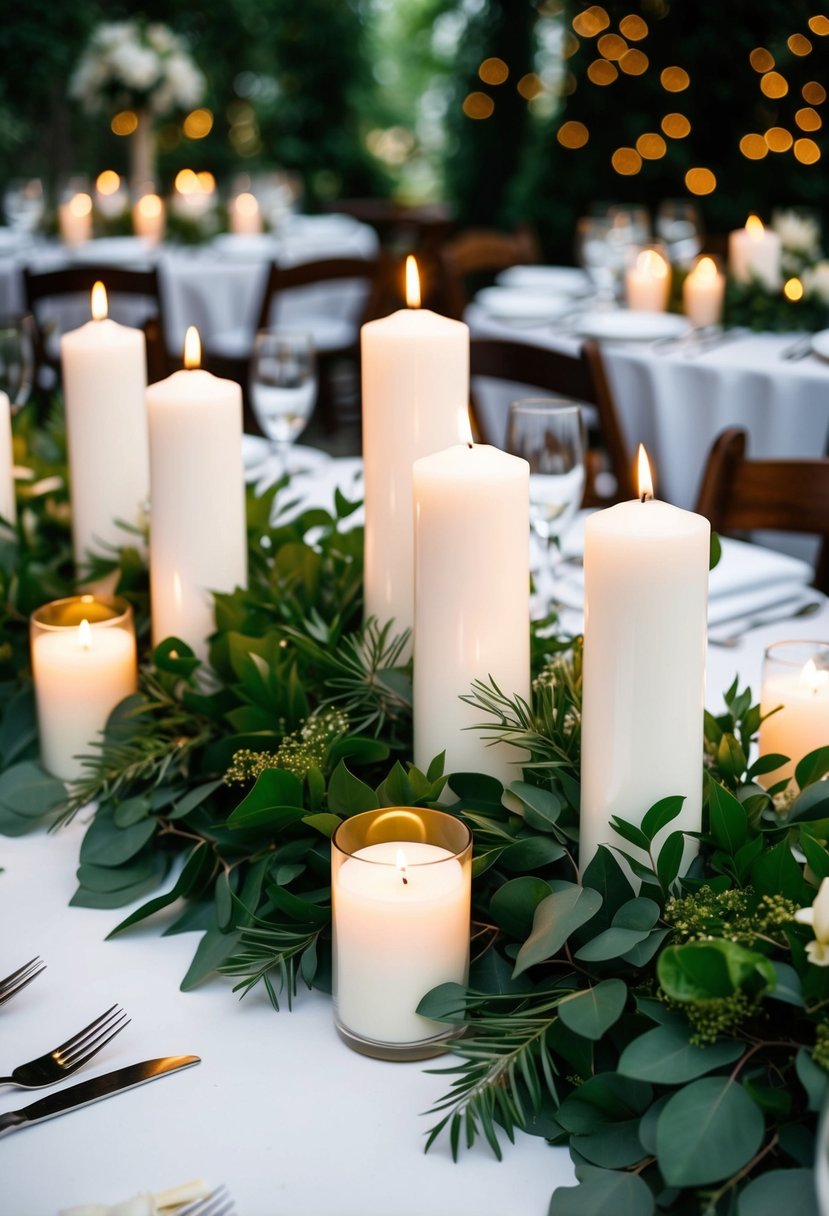 White pillar candles surrounded by lush greenery create an elegant wedding table centerpiece