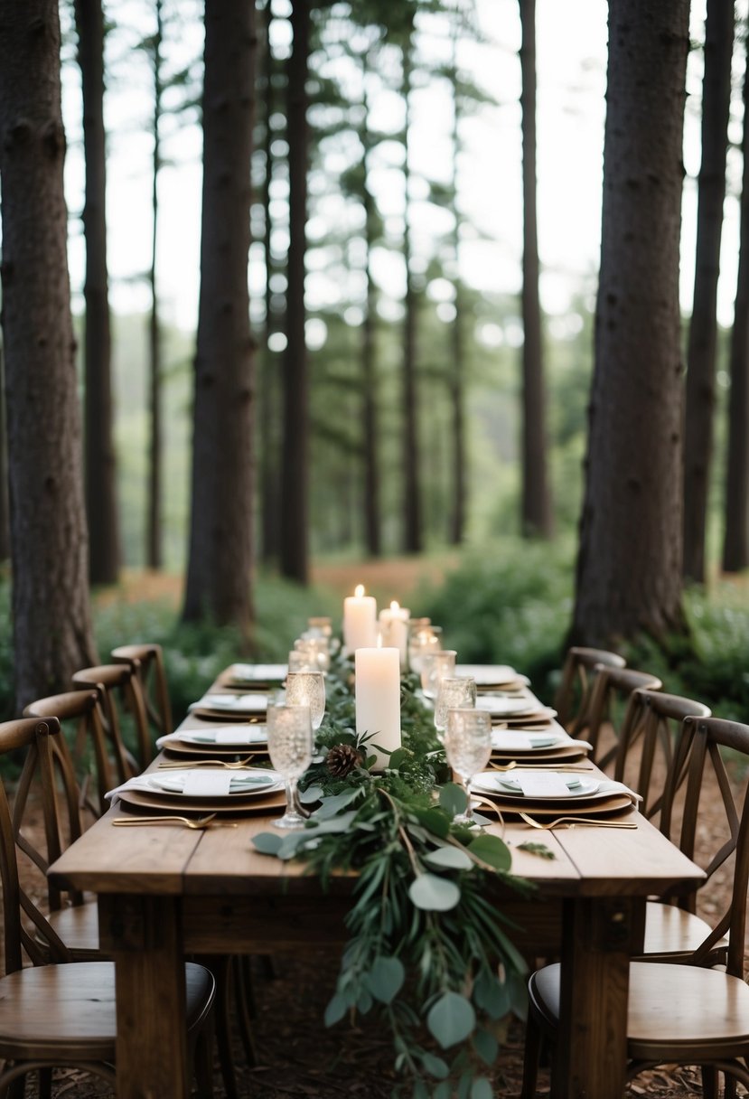 A rustic forest wedding table set with greenery, wood accents, and soft candlelight