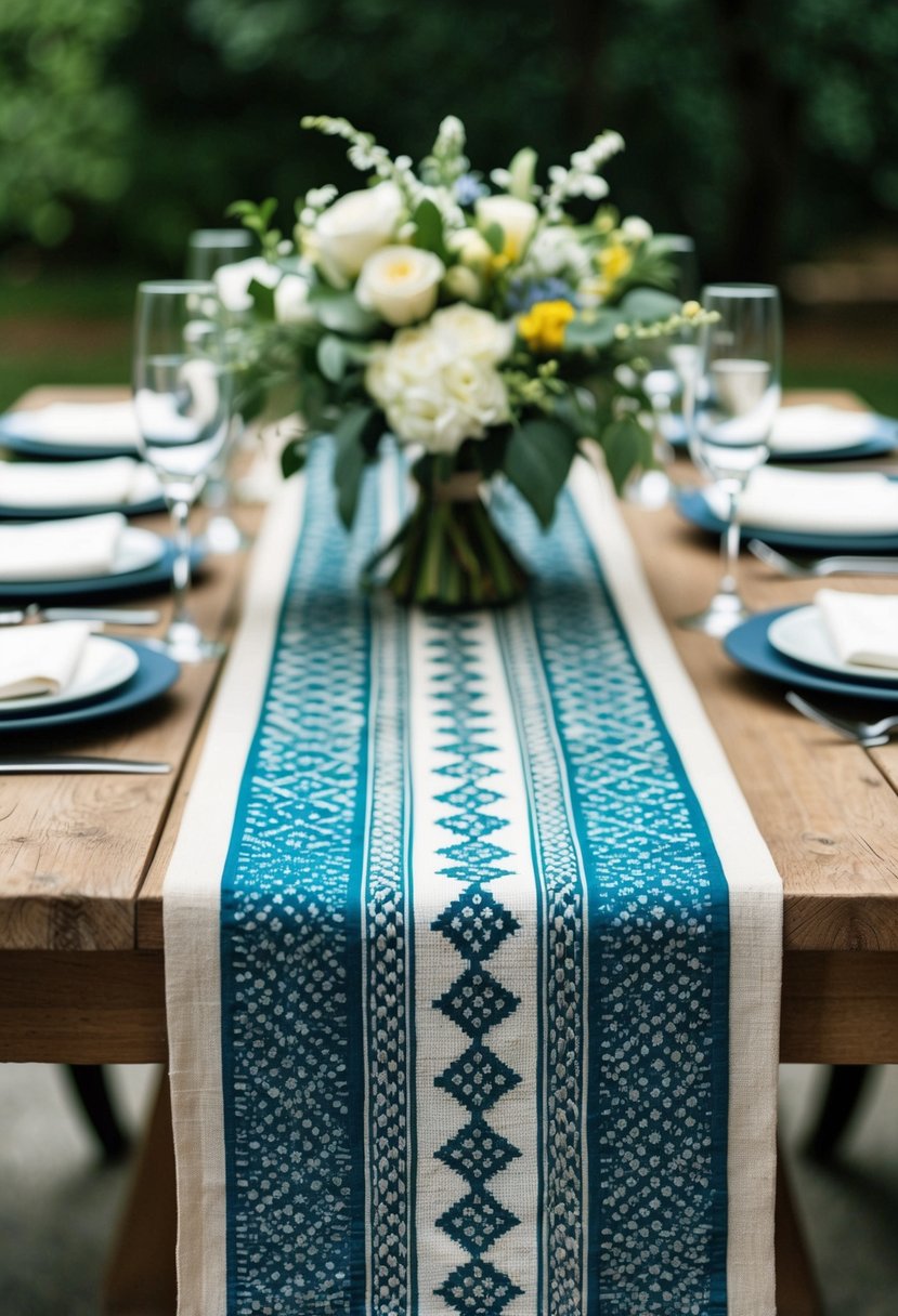 Patterned table runners adorn a rustic wooden table, adding a pop of color and texture to the wedding decor