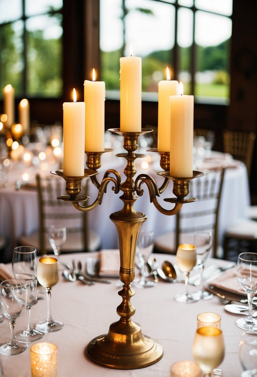 A vintage brass candelabra adorned with lit candles serves as a centerpiece on a beautifully set wedding table, adding a touch of elegance and romance to the decor