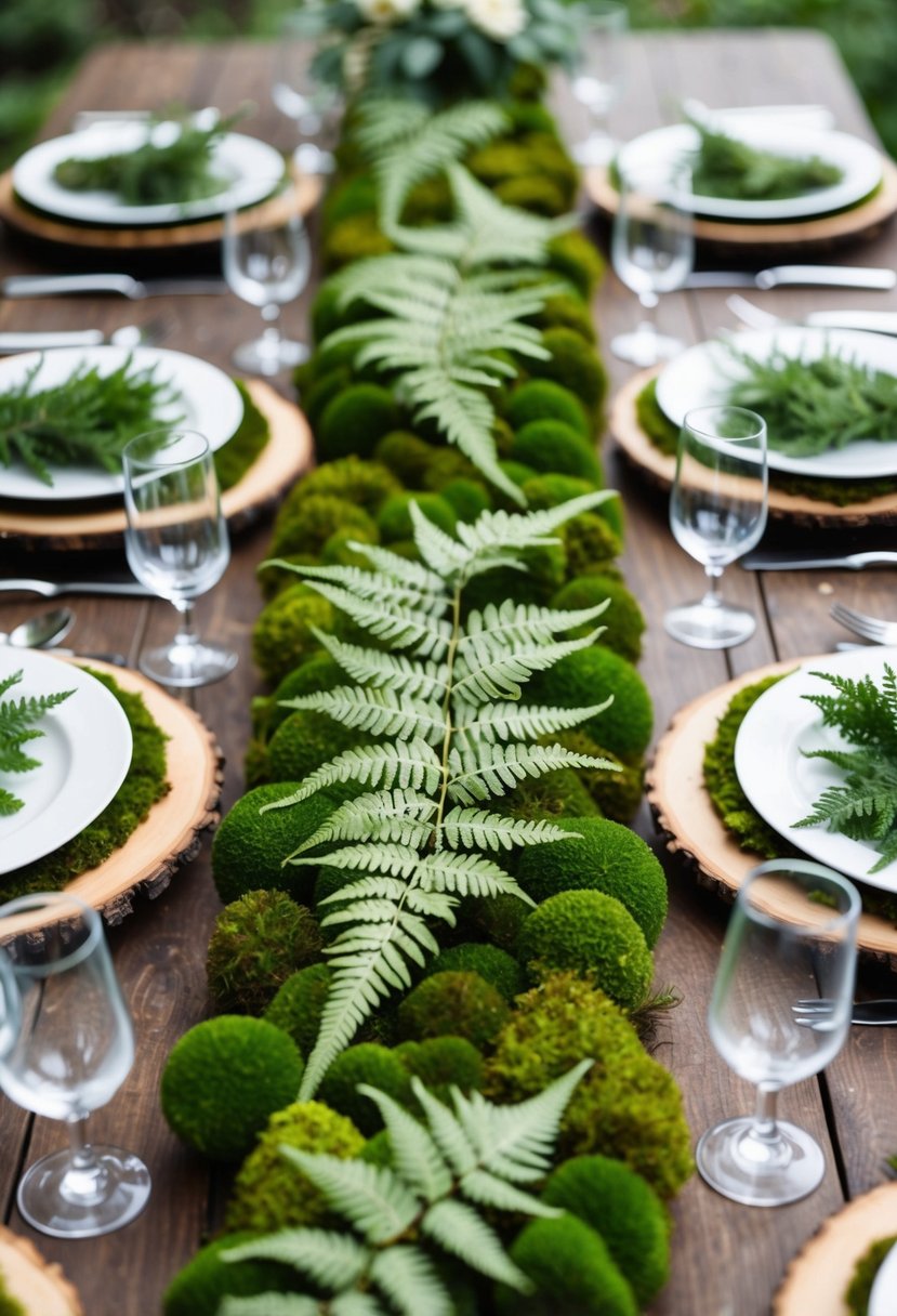 Lush green moss runners adorned with delicate ferns, creating a woodland-inspired table setting for a forest wedding