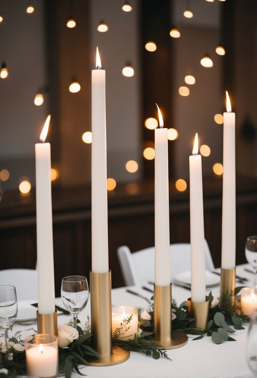 A tall and short mix of minimalist candles arranged on a wedding table for decoration