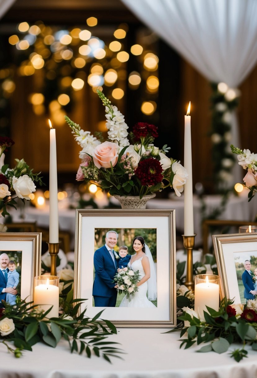 Family photos placed in elegant frames on a wedding table, surrounded by floral arrangements and candles