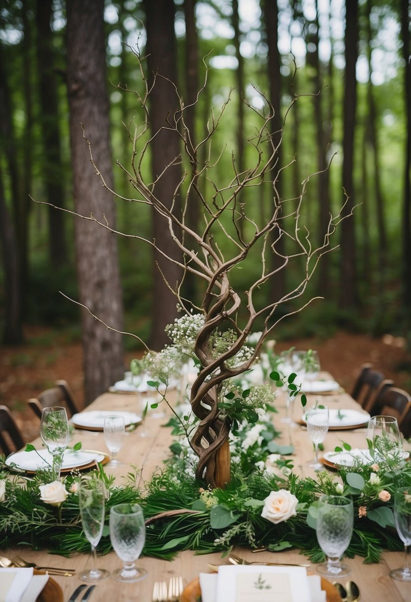 Twisted branches entwined with greenery and delicate flowers arranged as centerpieces on a rustic forest wedding table