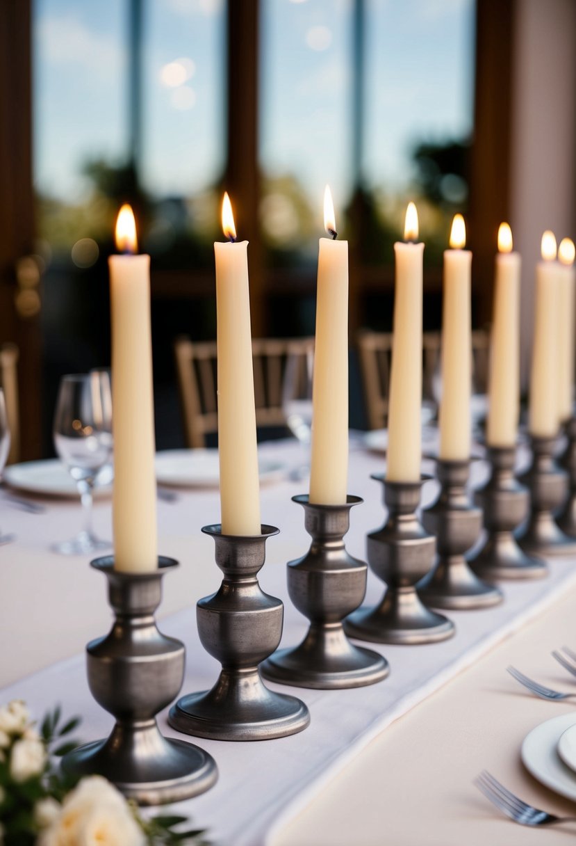 Tapered candles in pewter holders arranged in a symmetrical pattern on a wedding reception table