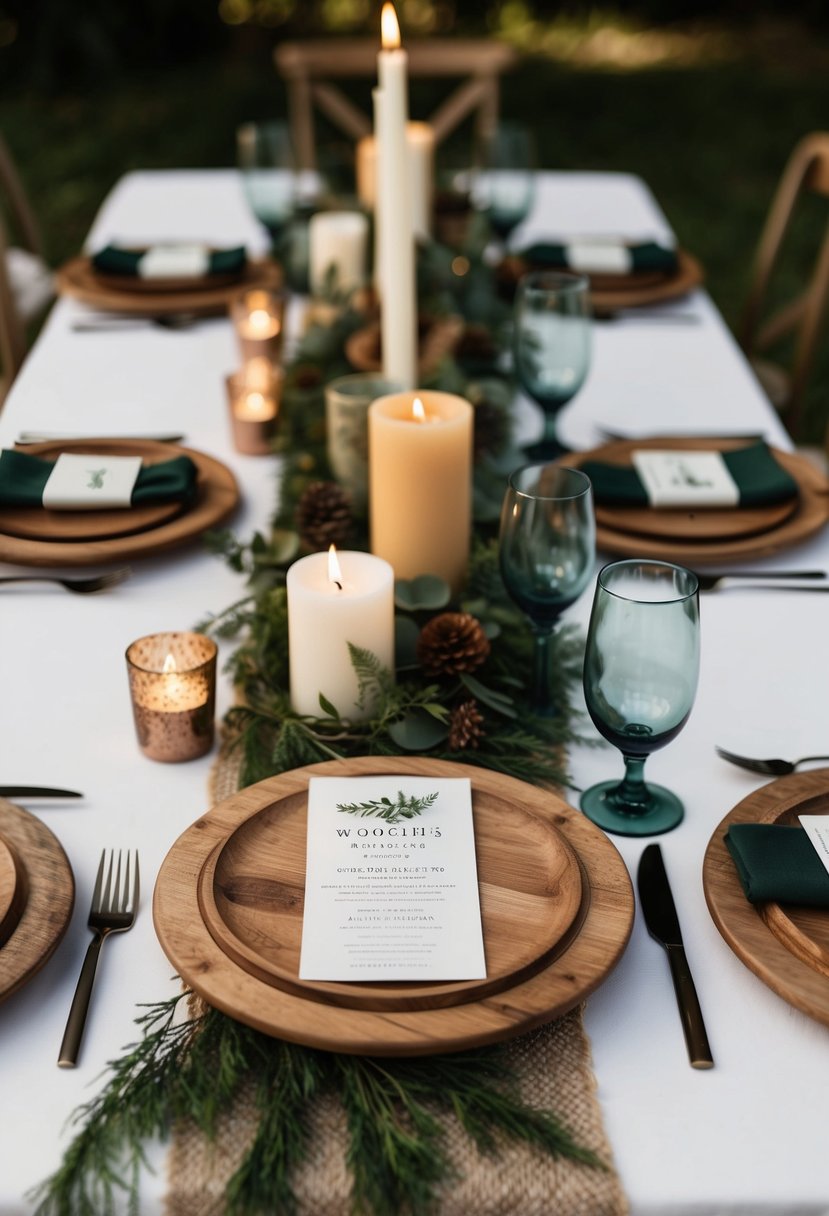 Wood chargers arranged on a table with earthy elements like greenery, candles, and natural fabrics for a rustic wedding theme