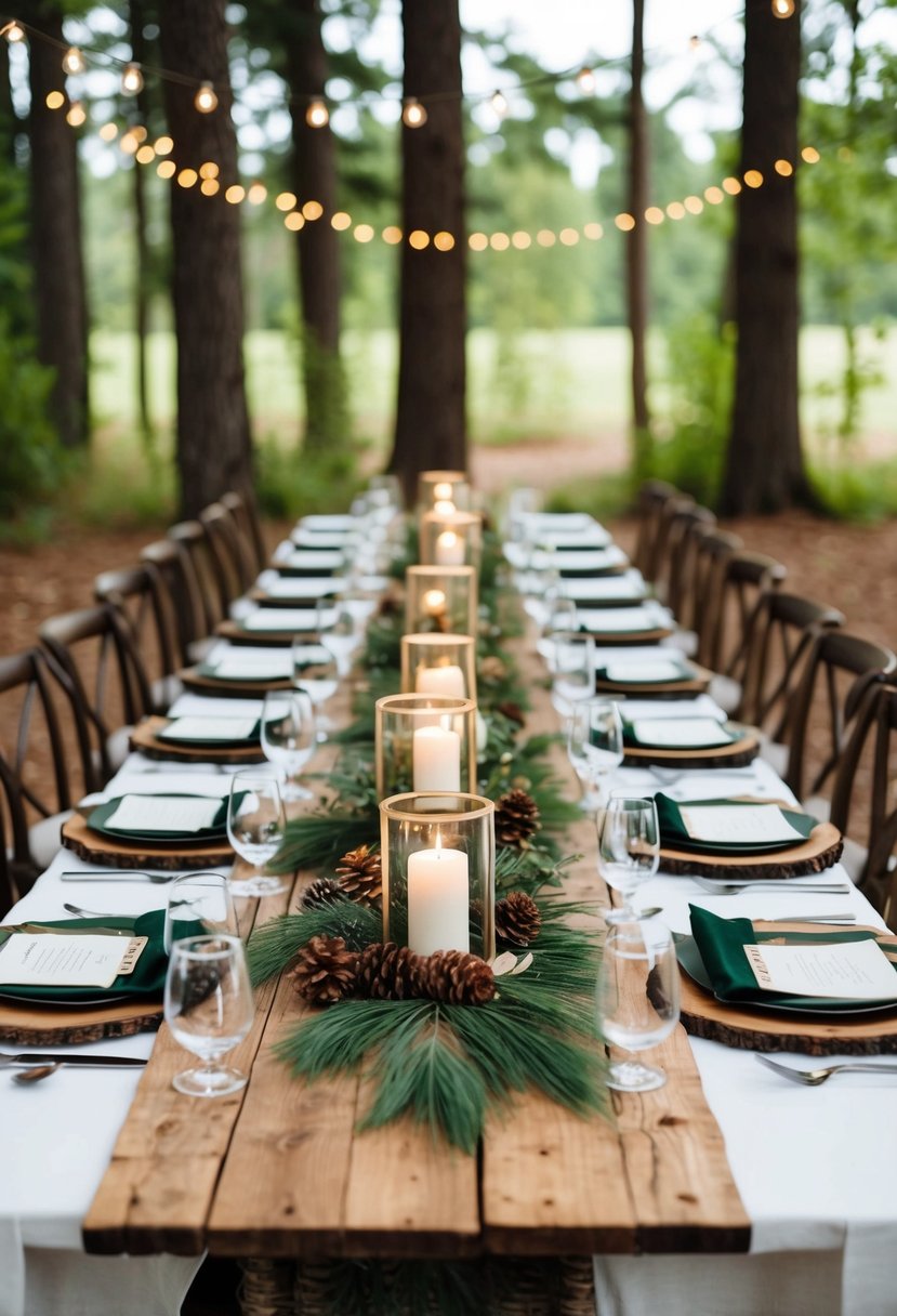 A table adorned with rustic wood elements and forest-inspired decor for a wedding celebration