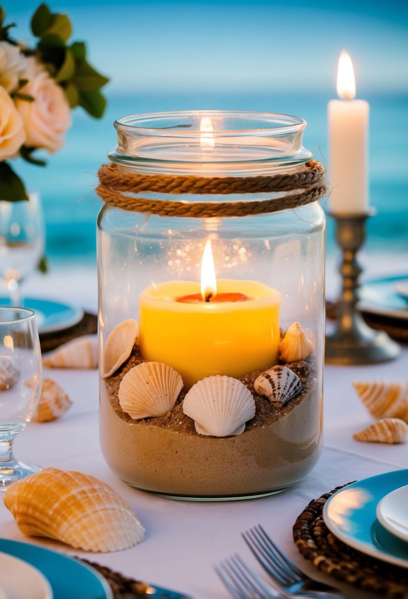 A beach-themed candle jar filled with sand, shells, and a flickering candle, set on a wedding table surrounded by ocean-inspired decor