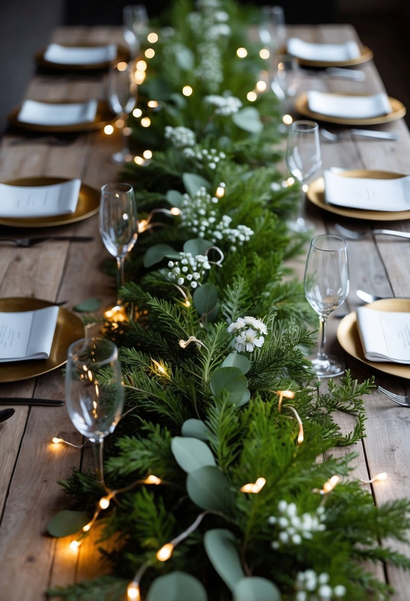 Greenery garlands cascade down the center of a rustic wooden table, intertwined with delicate fairy lights and dotted with small white flowers