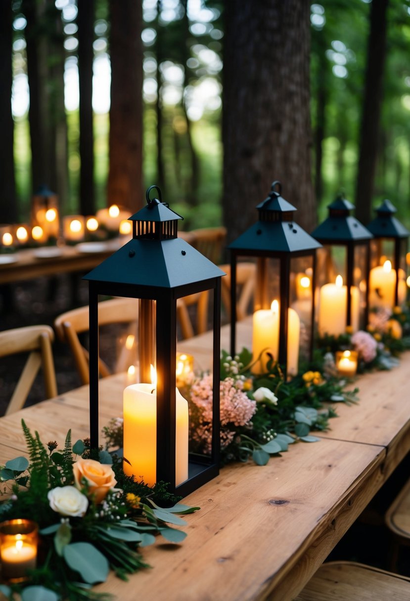 Candlelit lanterns illuminate a forest wedding table, casting a warm glow on rustic decor and delicate floral arrangements