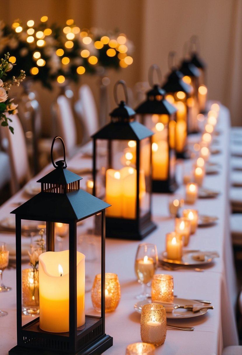 A row of candle-lit lanterns adorns the wedding aisle, casting a warm and romantic glow over the elegant table decorations