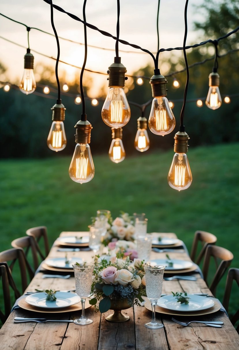 Edison bulb lights drape over a rustic wooden table, casting a warm glow on delicate floral centerpieces and vintage place settings