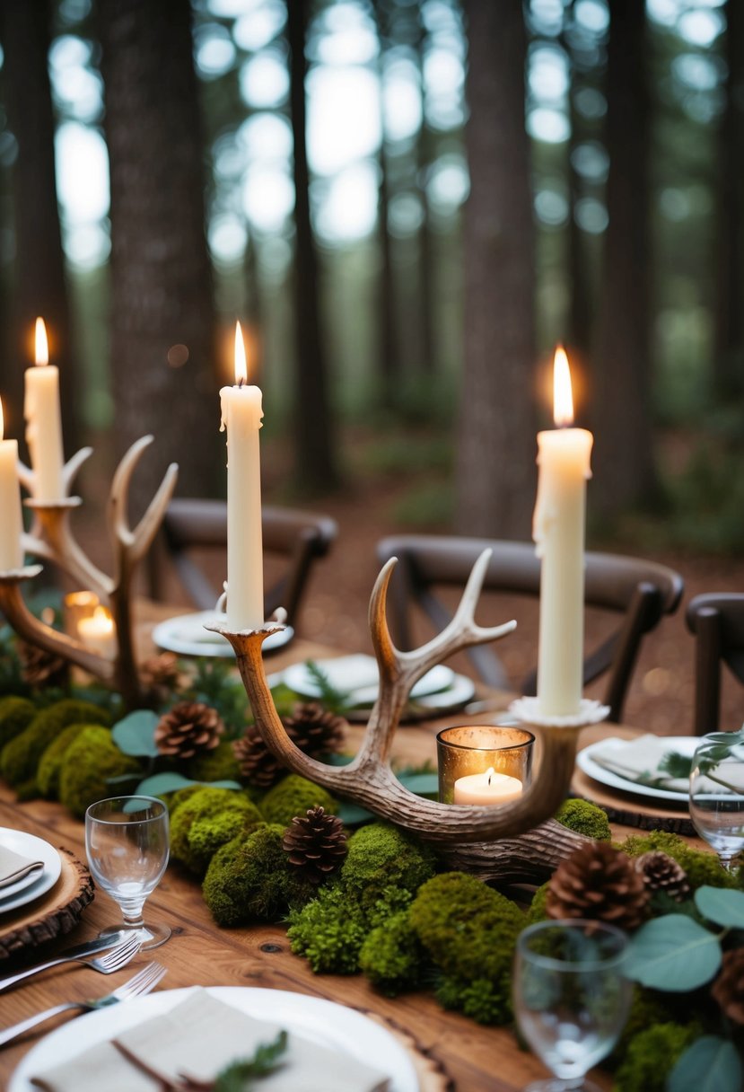 A woodland table adorned with antler candle holders, mossy accents, and rustic floral arrangements