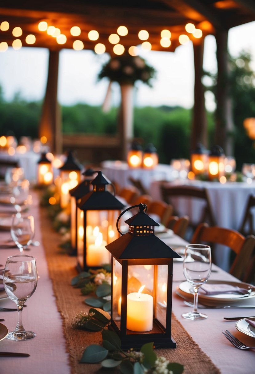 Mini lanterns adorn a rustic wedding table, casting a warm glow on the intimate setting