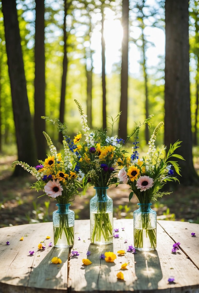 A table set in a forest clearing, adorned with wildflower arrangements in glass vases and scattered petals. Sunlight filters through the trees, casting dappled shadows on the rustic wooden surface