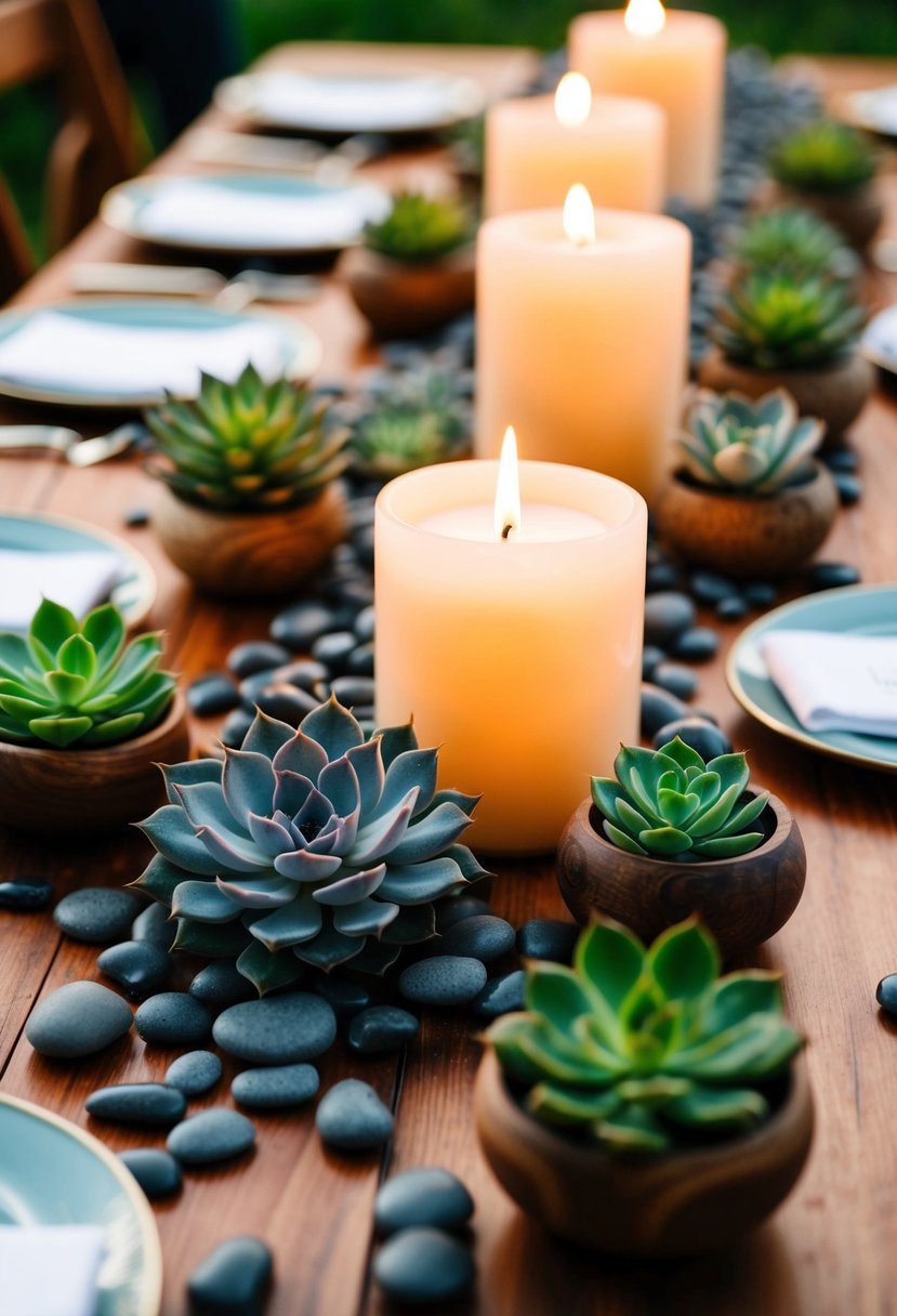 Pebbles scattered among succulents and candles on a wooden wedding table centerpiece