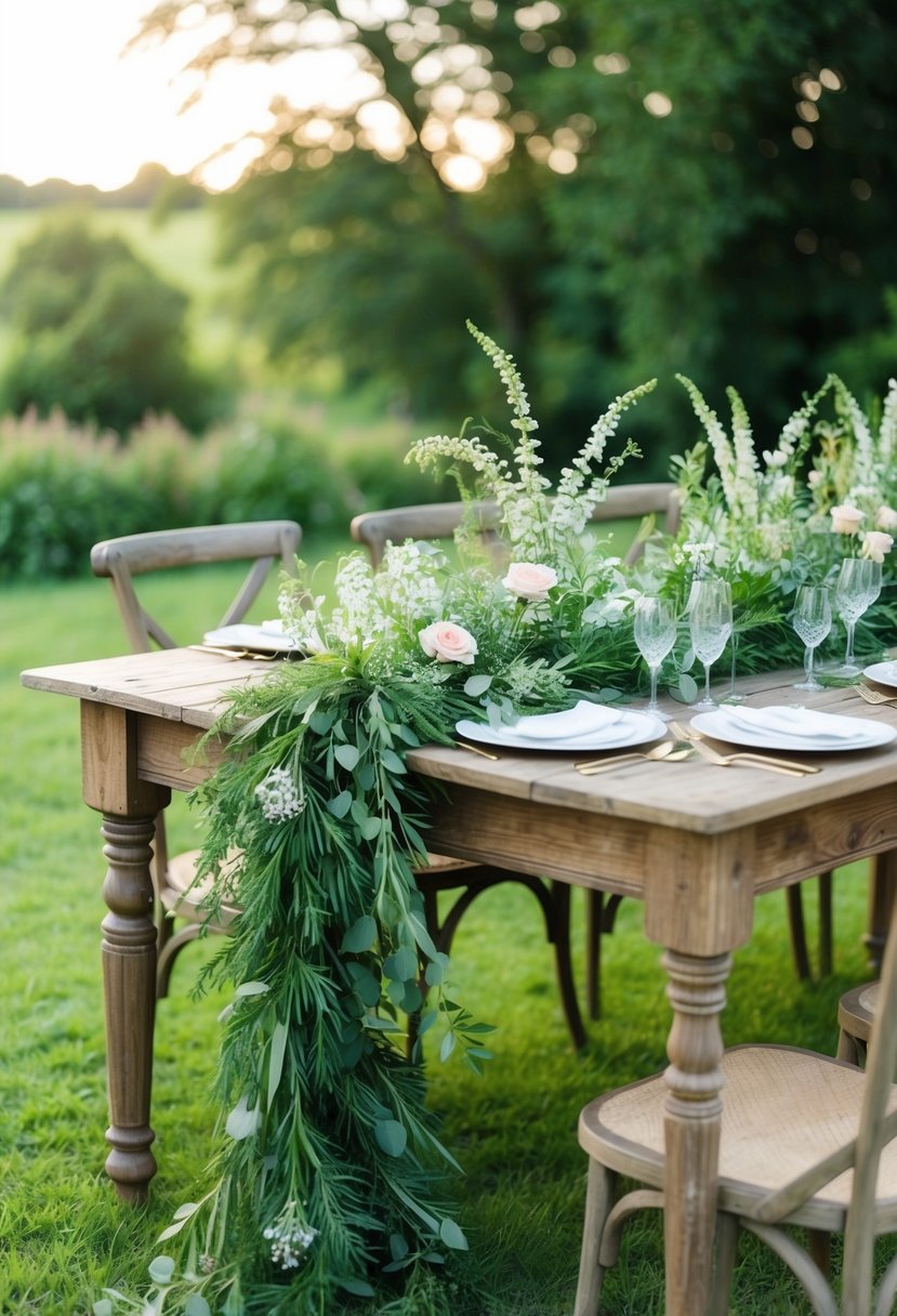 Lush greenery garlands wrap around a rustic wooden wedding table, adorned with delicate wildflowers and twinkling fairy lights