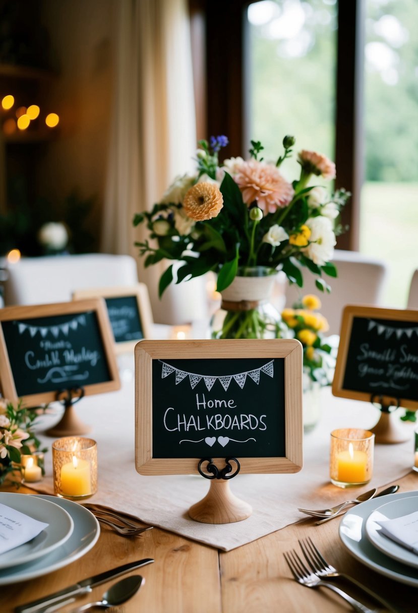 Small chalkboards placed on table settings at a cozy home wedding, surrounded by flowers and candles