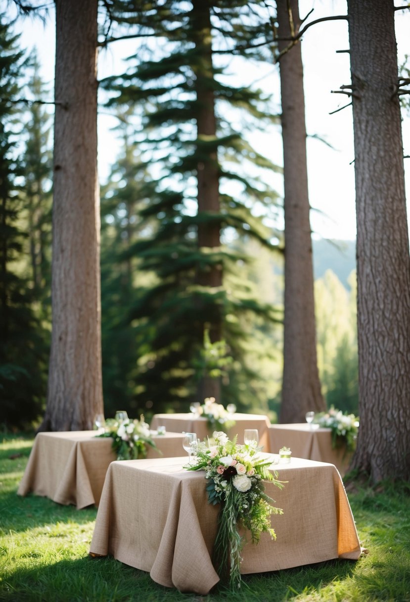 Rustic forest wedding scene with burlap tablecloths, adorned with wildflowers and greenery, set against a backdrop of towering trees and dappled sunlight