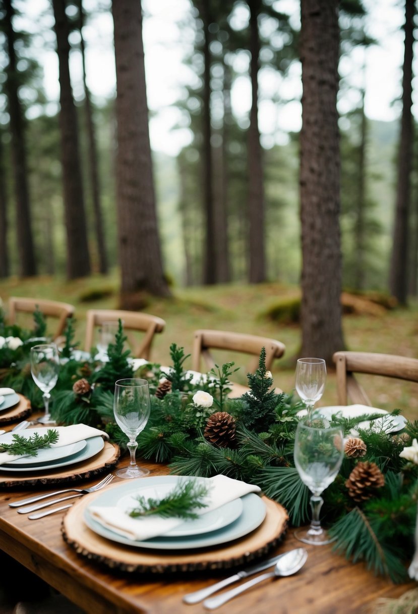 A rustic forest wedding table adorned with evergreen place settings and natural decor