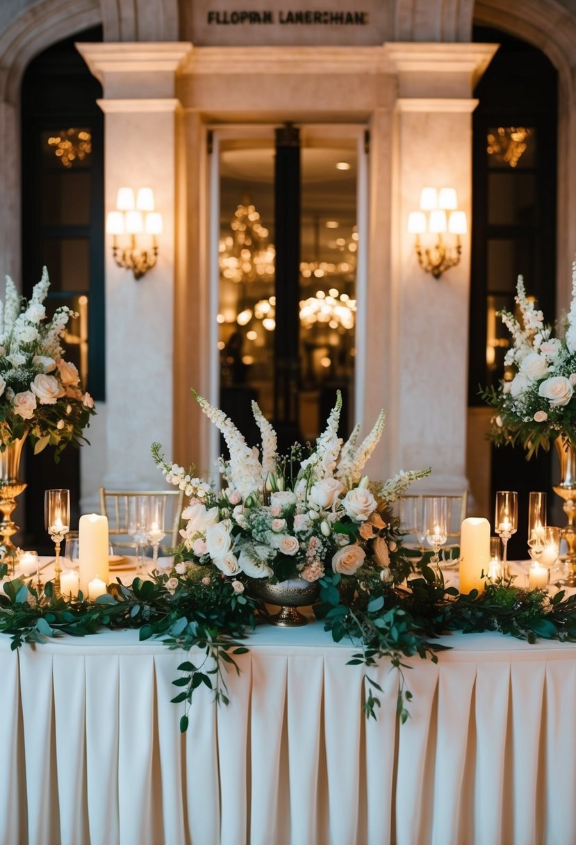 A grand entrance table adorned with elegant floral arrangements and sparkling candlelight