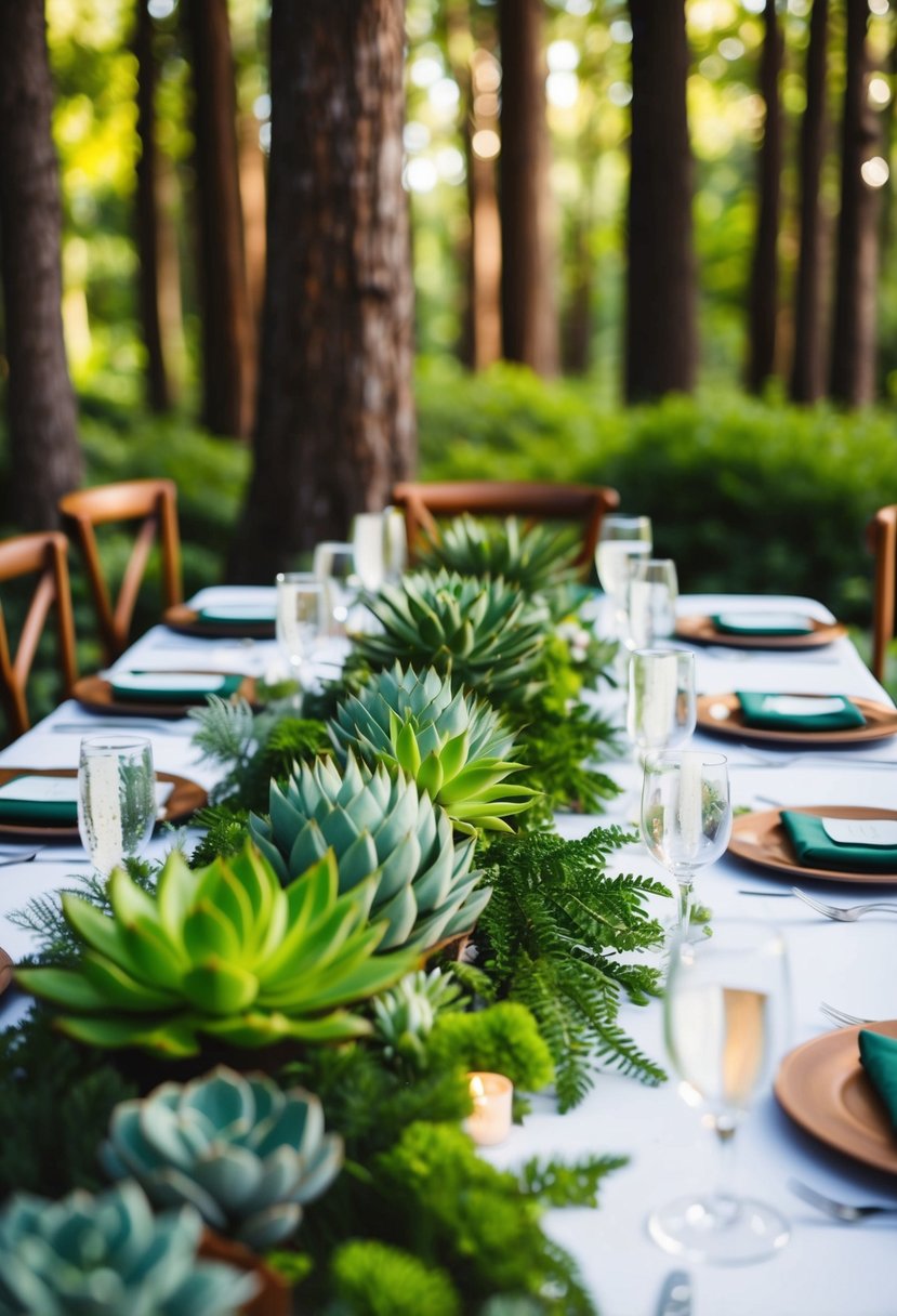 A lush forest-themed wedding table adorned with succulent plant decorations