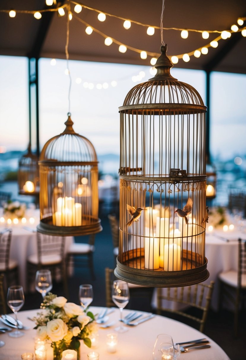 Antique bird cages with fairy lights hang above a wedding table, creating a magical and enchanting ambiance