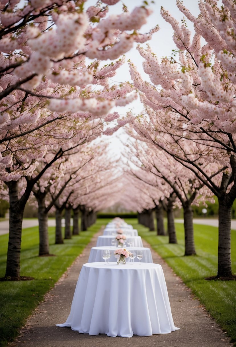 Cherry blossom trees line a path leading to a wedding table, their delicate pink flowers creating a magical and enchanting atmosphere